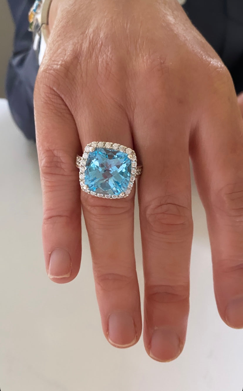 Sky Blue Topaz large cushion chequerboard cut ring