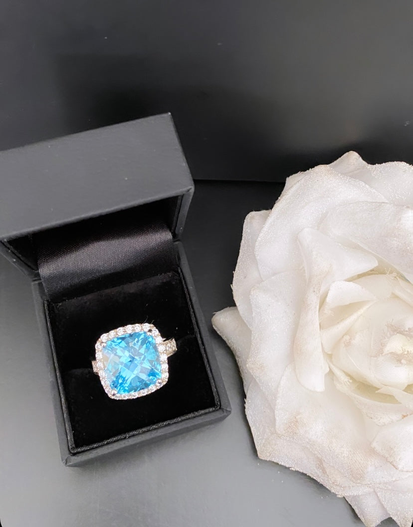 Sky Blue Topaz large cushion chequerboard cut ring
